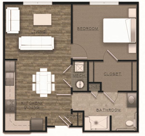Floor plan for 1 bed, 1 bath, 900 sqft